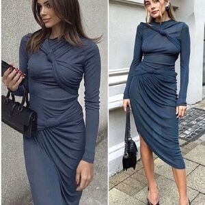 Zara Long-Sleeve Knot Dress in Blue